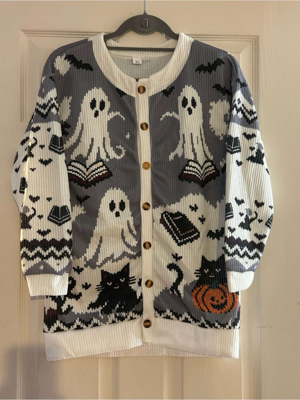SHEIN Gray, White & Black Halloween Ghost Cat Knit Cardigan